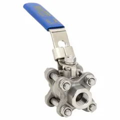 This manual two-way ball valve features a 316 stainless steel body and straight valve body design. It is equipped with RPTFE seals and a locking lever handle for secure on/off flow control. Suitable for industrial piping systems requiring corrosion resistance.