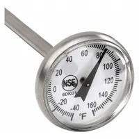 This NSF-rated dial pocket thermometer measures temperatures from -40°F to 160°F with an accuracy of +/-2°F. It features a 5-inch stainless steel stem and a Fahrenheit scale. Suitable for checking temperatures of liquids, air, or semi-solids in commercial and industrial environments