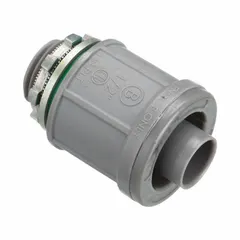 Straight plastic liquid-tight conduit fitting for 1/2 in trade size nonmetallic conduit. Connects conduit to boxes and enclosures in electrical installations where moisture and contaminant protection is required. Gray color.