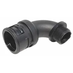 This 90-degree sweeping elbow is designed for routing continuous-flex corrugated tubing in cable management systems. Made of black Polyamide 6, it features a 2 in NPT connection. The sweeping geometry helps reduce cable stress and abrasion at directional changes.