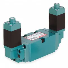 This Numatics Mark 55 directional control valve is a double-solenoid, four-way/three-position pneumatic valve with a 5 Cv flow coefficient. It features a closed center, solenoid return, non-locking manual override, and plug-in electrical connection with a 24V DC coil. Typical applications include directing compressed air in industrial automation, packaging, and material handling systems where precise cylinder positioning or load holding is required.