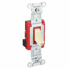 Single-pole, maintained toggle wall switch rated 20 A at 120/277V AC. Ivory finish, non-illuminated. Suitable for controlling lighting or other loads from one location in commercial and industrial environments.