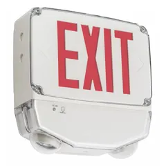 Plastic exit sign with round bottom-mount LED light heads, red text, and universal field-selectable chevrons. Operates on 120/277V AC with nickel cadmium battery backup. Suitable for ceiling or wall mounting in commercial and industrial facilities for egress path marking.