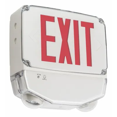 LITHONIA LIGHTING Emergency Light/Exit Combo: White, LED, Red, 1 Faces, Ceiling/Wall, Nickel Cadmium - Plastic Exit Signs with Round Bottom-Mount Light Heads