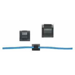 Adhesive mount cable clip for securing and routing cables with a maximum bundle diameter of 0.38 in. Features a 0.49 in slot width and 1 in by 1 in dimensions. Constructed of black Nylon 6/6 with an acrylic adhesive backing for surface mounting. Suitable for organizing wiring in control panels, machinery, and industrial equipment.