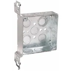 Steel square electrical box, 4" x 4" nominal size, designed for 2-gang device mounting. Features a stud side raised bracket with spurs for secure attachment to wood or metal studs. Without clamps. Suitable for new construction rough-in wiring in wall or ceiling applications.
