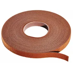 Cut-to-length hook-and-loop cable tie roll, 75 ft long and 0.38 in wide, made of brown polyethylene. Provides 50 lb tensile strength for bundling and securing cables, wires, and hoses. Suitable for custom sizing in cable management applications.