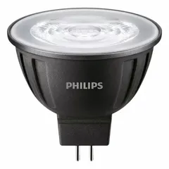 PHILIPS MR16 LED lamp with 2-pin GU5.3 base, 7W power consumption, 12V AC operation, and 2700K warm-white color temperature. Clear finish and shatter-resistant construction. Suitable for accent and task lighting in track, recessed, and display fixtures.