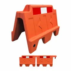 This orange polyethylene vehicle barrier measures 36 1/2 in x 23 1/2 in and includes a connector for linking multiple units. It features an engineer-grade reflective surface for visibility. Used for traffic control, work zone protection, and area delineation in construction sites, parking lots, and industrial facilities.