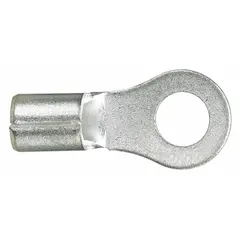 Non-insulated ring terminal for #8 studs, accepting 18 AWG to 14 AWG wire. Serrated barrel ensures secure conductor grip. Rated 2000 V. Suitable for control panels, machinery, and power distribution terminations.