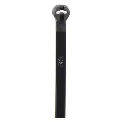 Heat-stabilized cable tie for outdoor use. Nominal length 7 1/2 in, width 0.19 in, maximum bundle diameter 1 3/4 in. Black. 100 pieces per pack. Suitable for bundling wires and cables in environments exposed to sunlight and elevated temperatures.