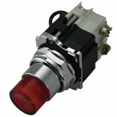 Incandescent pilot light from the EATON 10250T Series, designed for 30 mm panel mounting. Features a red lens and includes a push-to-test function for verifying lamp operation. Used for visual status indication in industrial control panels and machinery.