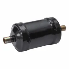 Steel shell filter drier with desiccant core, 5.9 inches long, for 5.8 ton systems. Compatible with HFO refrigerant groups. Used in liquid lines to remove moisture, acids, and contaminants, protecting compressors and expansion valves.
