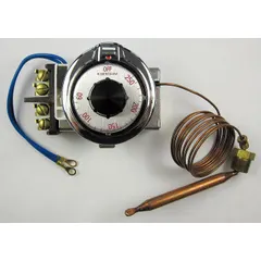 Electric thermostat for cooking equipment with a dial range of 60 to 250, 60-inch capillary, and 120V AC input voltage. Suitable for applications requiring temperature regulation in commercial ovens, fryers, and food warmers.