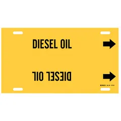 Yellow strap-on pipe marker with black legend reading 'Diesel Oil' and directional arrows. Fits pipe outer diameters from 8 to 9-7/8 inches. Used to identify diesel oil lines in industrial piping systems, supporting clear pipe identification and safety.
