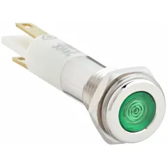 This LED indicator pilot light features a green LED and flush head design with H08 body style. It mounts in a 5/16 in panel hole and connects via 0.11 Male Quick Disconnect. Used on industrial control panels and machinery to provide a low-profile visual status signal.