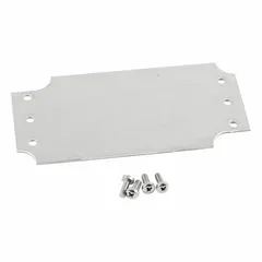 Galvanized steel back panel for interior mounting of electrical and electronic components inside enclosures. Provides a grounded surface for securing terminal blocks, relays, and controllers. Overall height 4.35 in, overall width 2.08 in.