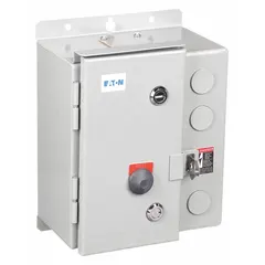 Three-pole enclosed non-reversing motor starter with electronic overloads, rated 9 A at NEMA Size 00. Includes a 208V AC coil, pilot light, and auxiliary contacts (1NO/1NC). Suitable for starting and protecting three-phase motors in industrial applications such as pumps, conveyors, and compressors.