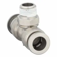 Stainless steel tee fitting for pneumatic tubing systems. Connects two 5/16 in OD tubes and one 1/8 in pipe thread. Used to branch or combine tubing in industrial automation and material handling applications