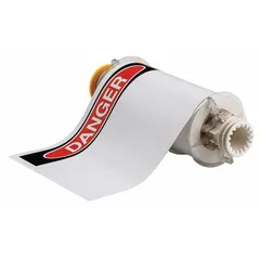 White vinyl label roll with DANGER header, sized 7 in x 10 in and 10 in x 7 in. Includes 60 labels with acrylic adhesive for secure bonding. Compatible with BBP85 printer series for on-demand industrial safety labeling.
