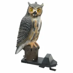 Plastic owl decoy that deters pigeons and sparrows from outdoor areas up to 400 sq ft. Mimics a predator to scare birds away from rooftops, gardens, and industrial sites without harming them.