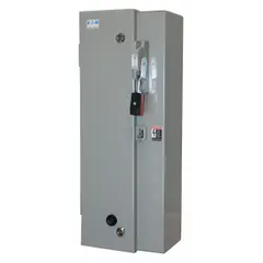 Enclosed non-reversing starter with electronic overload for three-phase motor control. NEMA Size 5, 270 A, 3 poles, 480V AC coil. Includes pilot light and 1NO/1NC auxiliary contacts. Suitable for industrial applications such as pumps, conveyors, and compressors where non-reversing operation is required.