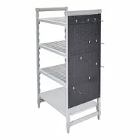 This CAMBRO pegboard is a shelving accessory for organizing tools and supplies in industrial storage systems. It measures 84 inches in height, 14 inches in depth, and 36 inches in length, with a black finish and no rails. Includes a bottom post connector for secure mounting
