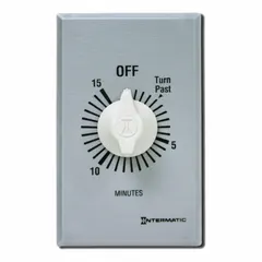 Spring-wound mechanical timer with 15-minute maximum timing range. SPDT switch rated for 277V AC. Includes silver wall plate. No hold feature. Suitable for controlling lighting, fans, or other electrical loads in timed-off or timed-on cycles.