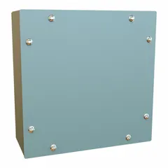 This steel enclosure measures 24 x 24 x 6 inches and features a solid cover secured with screws. Rated NEMA 12/3/4, it provides protection against dust, falling dirt, and non-corrosive liquids. No knockouts are included. Suitable for industrial environments requiring a sealed housing for electrical components.