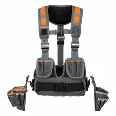 This gray ballistic nylon vest features 27 pockets for organized tool and accessory storage. With an overall length of 28 inches, it provides hands-free carrying during tasks such as electrical work, maintenance, and construction.