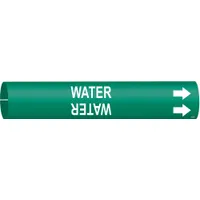 Green snap-on pipe marker with white legend reading 'Water' and directional arrows. Fits pipe outer diameters from 1-1/2 to 2-3/8 inches. Used to identify water lines and indicate flow direction in piping systems