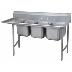 This three-bowl freestanding sink from ADVANCE TABCO is designed for kitchen and bar applications requiring multiple wash stations. With overall dimensions of 42 inches in height, 96 inches in length, and 36 inches in width, it provides ample space for dishwashing, food preparation, and utensil cleaning. The unit does not include faucets.