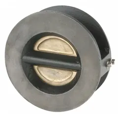 Cast iron double-door wafer check valve with 8-inch pipe size and inline valve body. Designed to prevent backflow in piping systems, allowing flow in one direction and closing automatically upon reversal. Suitable for horizontal or vertical installation in water, wastewater, and industrial process applications.
