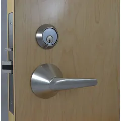 Electric lever lockset in satin stainless steel finish. ADA compliant with LSL lever design. Features ligature-resistant construction and SFIC core. Suitable for institutional applications requiring accessibility and safety.