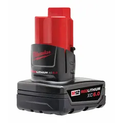 This MILWAUKEE M12 battery delivers 6 Ah capacity at 12V DC, providing extended runtime for M12 cordless tools. It is designed for use with the full M12 tool system, supporting applications such as drilling, fastening, and inspection in maintenance and construction tasks.