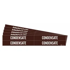 Brown adhesive pipe markers with white 'Condensate' legend, designed for pipes carrying condensate in steam, HVAC, or process systems. Each pack contains 4 markers without arrows, fitting pipe outer diameters from 3/4 to 2-3/8 inches. Sold in a 5-pack configuration.