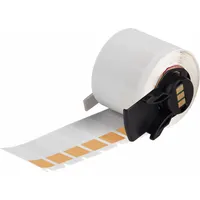 Orange matte vinyl precut label roll measuring 1 1/2 in x 1/2 in, designed for wire gauges 10 AWG to 4 AWG. Compatible with BMP71 printer series and requires M7-R4300 ribbon. Used for permanent identification of cables and wires in control panels, electrical installations, and maintenance applications