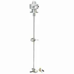 This air-powered propeller mixer features a top-mount design with a 1/4 in female NPT air inlet and three blades. It operates on compressed air, making it suitable for blending, mixing, and agitating fluids in industrial tanks and drums, particularly in environments where electric motors are not preferred.
