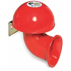 Electric-powered horn designed for trucks, producing a low tone at 175 Hz. Features a red painted finish and includes mounting hardware for installation. Operates on 12V DC and delivers a maximum sound level of 115 dB.