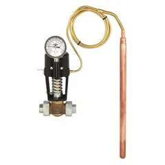 This direct-acting temperature regulator from SPENCE controls steam flow to maintain a set temperature in applications such as heat exchangers, tanks, and jacketed vessels. It is self-contained, requiring no external power. The bronze body and 3/4 in pipe connection make it suitable for moderate temperature and pressure conditions.