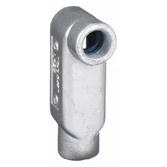 Iron LB-type conduit outlet body with 90° elbow configuration. Trade size 1-1/2 in. Zinc plated with powder coated finish. Threaded connections for use with rigid metal conduit. Provides a pull point for wire installation and splicing at direction changes in conduit runs.