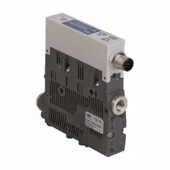 Compact vacuum generator for automated material handling, pick-and-place, and packaging applications. Features a flow rate of 2.31 cfm, 1/8 in G female inlet and outlet, 6 bar maximum supply pressure, PNP output with 1 normally open contact, and a 5-pole M12 male electrical connection.
