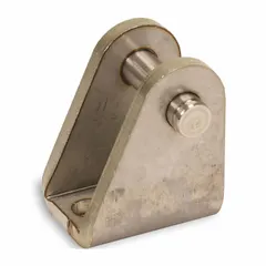 Steel clevis mounting bracket for pneumatic actuators. Fits 20 mm to 25 mm bore diameter. Overall length 32 mm. Used to attach a clevis-style actuator to a fixed point in mechanical linkage applications.
