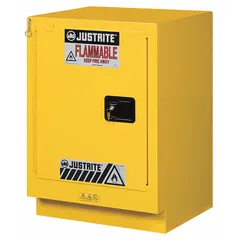 This stationary steel cabinet is designed for storing flammable liquids and materials. It features self-closing doors and is compatible with benches. The yellow cabinet measures 35 3/4 inches in height, 24 inches in width, and 21 5/8 inches in depth.