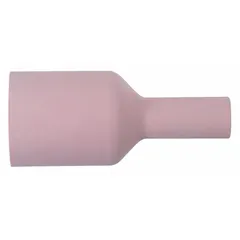 This MILLER ELECTRIC large-diameter gas lens nozzle is made of alumina for thermal stability and electrical insulation. It is a No. 8, long variant designed for TIG welding to improve shielding gas coverage and reduce turbulence. Suitable for precision welding applications in fabrication, maintenance, and repair.