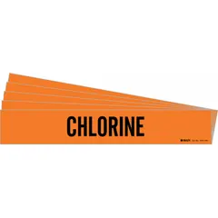Orange adhesive pipe marker with black 'Chlorine' legend, designed for pipes with outside diameter of 8 inches and larger. Pack of 5 markers without arrows. Used for identifying chlorine piping in industrial facilities.
