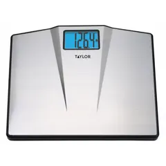 Digital bathroom scale with integrated indicator for personal weight measurement. Weighs in kilograms with 0.2 lb readability. Weighing surface measures 15 3/8 in wide by 12 7/8 in deep. Includes three AAA batteries. Suitable for home, gym, or clinic use.