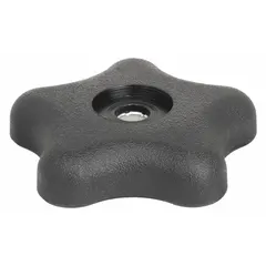 Five-arm knob with snap-lock mechanism for manual adjustment and locking on industrial machinery, jigs, and fixtures. Plastic body with steel thread insert provides corrosion resistance for frequent hand-tightening in assembly, positioning, and clamping tasks. Thread size 5/16"-18, diameter 1.3 in.