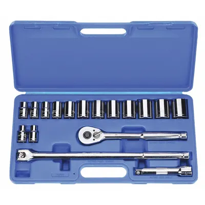 WESTWARD Socket Wrench Set: 1/2 in Drive, 17 Piece, 12-Point, Metric - Metric Socket Sets with Drive Tools