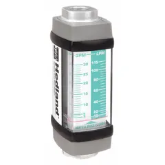 This HEDLAND inline flowmeter is a scale-type, variable-area meter for water-based fluids. It features NPTF connections, Viton seals and O-rings, and universal mounting orientation. Accuracy is +/-2% of full scale, with flow indication in gallons. Suitable for industrial cooling, water treatment, and process monitoring applications.